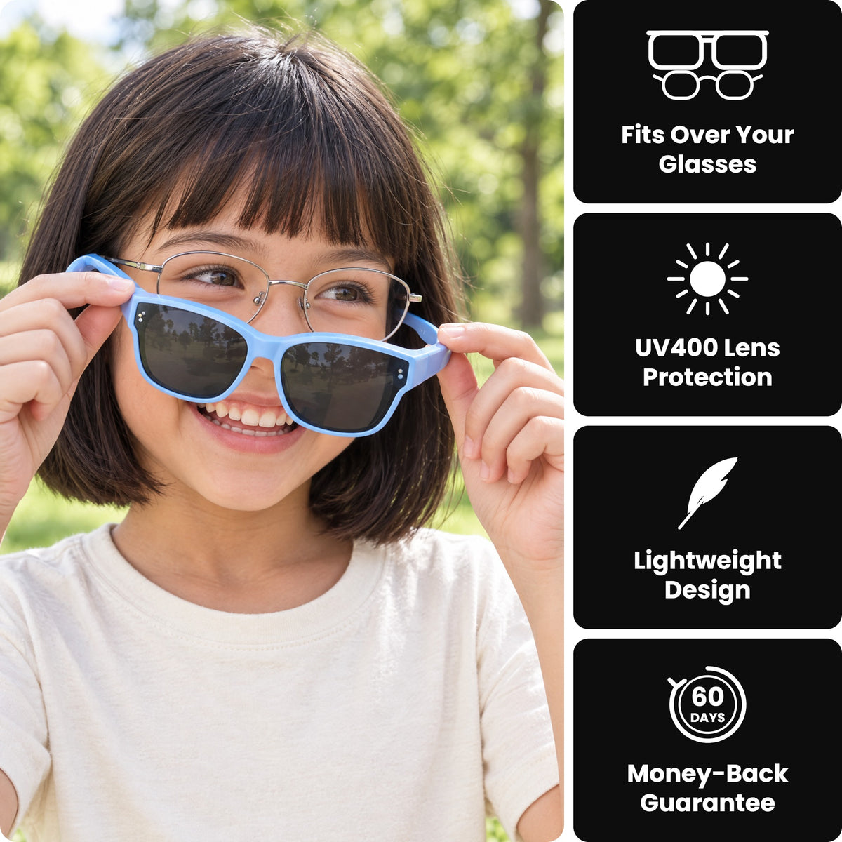 Child putting Glarex kids fit-over sunglasses over her glasses - fits over your glasses, UV400, lightweight, 60-day money-back guarantee