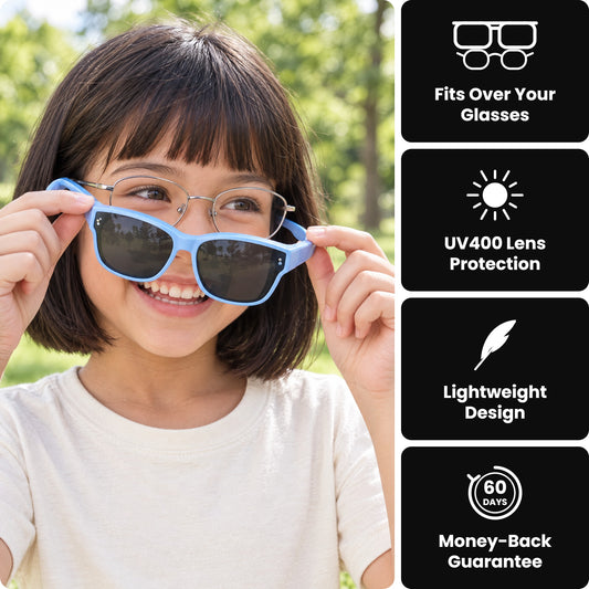 Child putting Glarex kids fit-over sunglasses over her glasses - fits over your glasses, UV400, lightweight, 60-day money-back guarantee