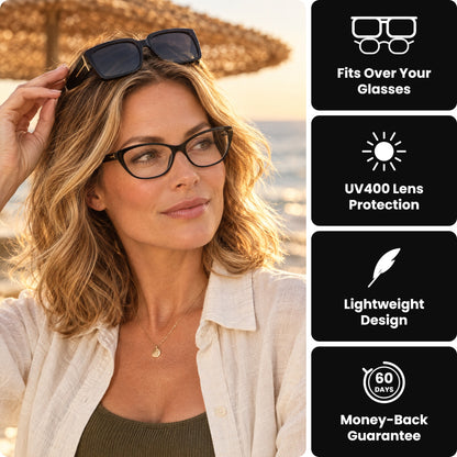 Woman with Glarex fit-over sunglasses above her prescription glasses - fits over your glasses, UV400, lightweight, 60-day money-back guarantee