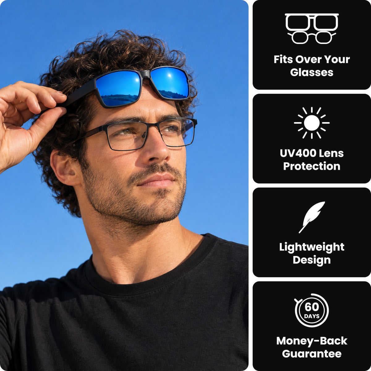 Man wearing Glarex fit-over sunglasses over his prescription glasses - fits over your glasses, UV400, lightweight, 60-day money-back guarantee