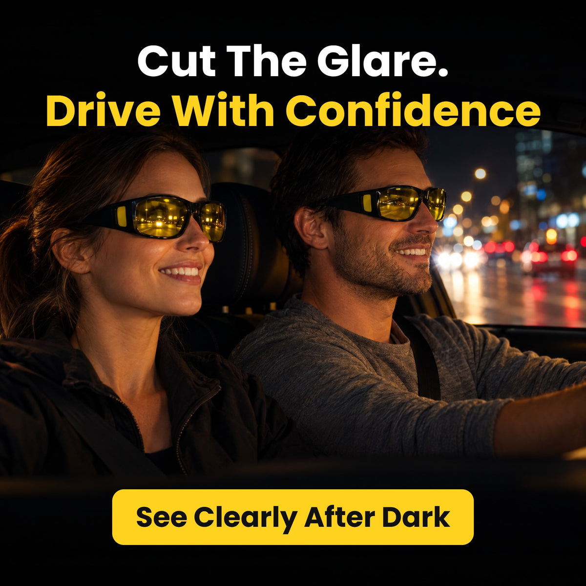 Couple driving at night wearing Glarex NightDrive yellow fit-over glasses - cut the glare, drive with confidence