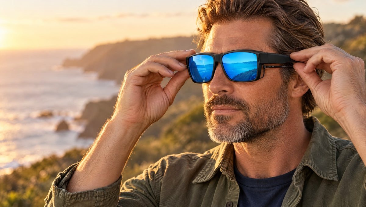Glarex fit-over sunglasses worn over prescription glasses