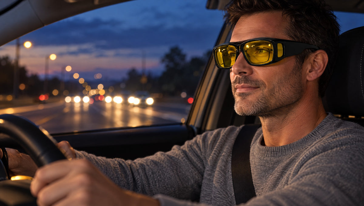 Glarex fit-over sunglasses worn over prescription glasses